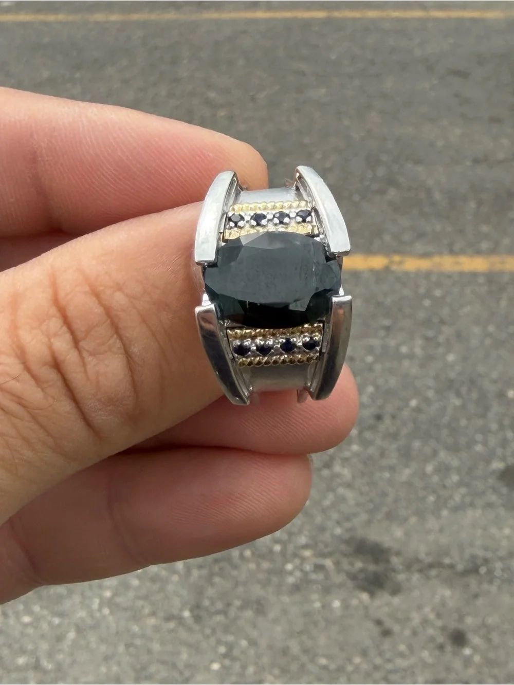 Michael Valitutti Men Ring 925 Sterling Silver Natural Bi-Color Teal Sapphire 12